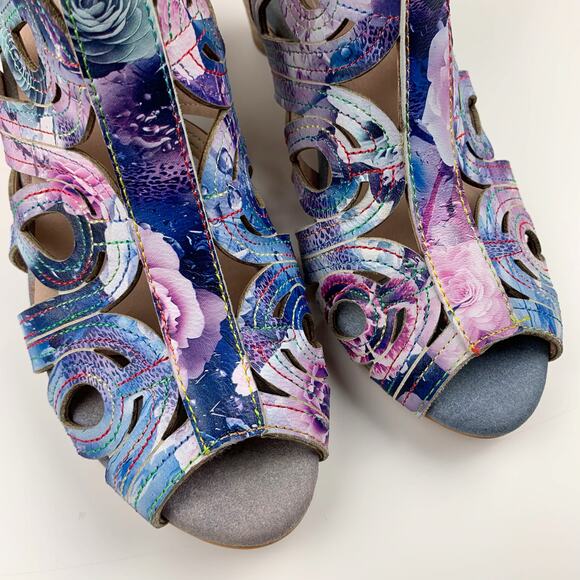 Spring Step L'Artiste Flourisha Caged Sandals Heels Blue Pink Womens 37 US 6.5 7 - Picture 4 of 11